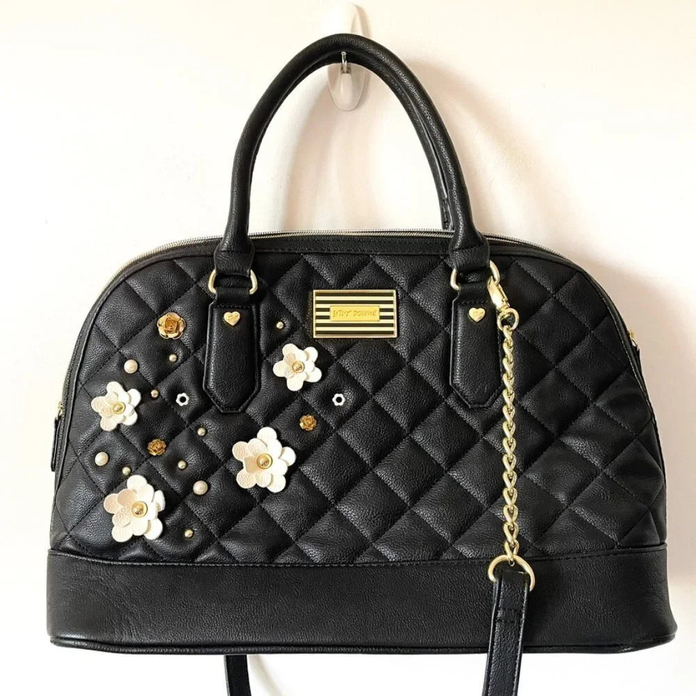 Betsey Johnson Quilted Daisy Floral Stud Purse Tote Bag Black